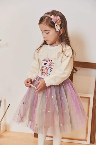 Váy pony cổ ren phối voan sao dài tay