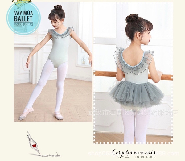 Áo tập múa viền bèo cổ (ko chân váy) xanh, hồng