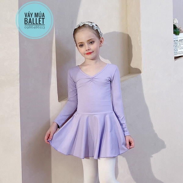 Váy tập múa cotton nơ lưng dài tay hồng