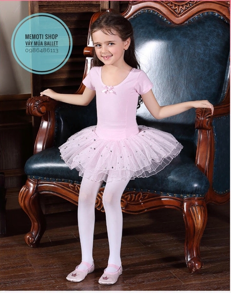 Váy múa nơ sao hoa lấp lánh tay ngắn