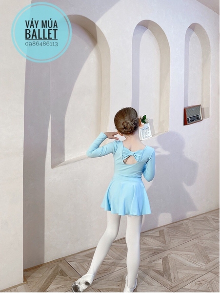 Váy tập múa cotton nơ lưng dài tay hồng