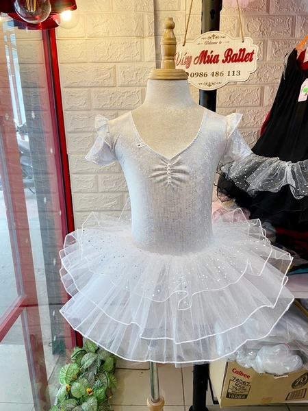 Váy múa tay tiên ngắn thun lấp lánh trắng
