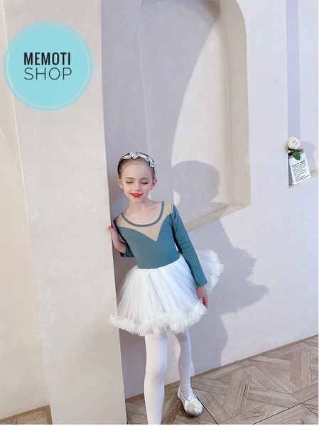 Set áo váy múa V lưng tutu dài tay (đen, ghi)