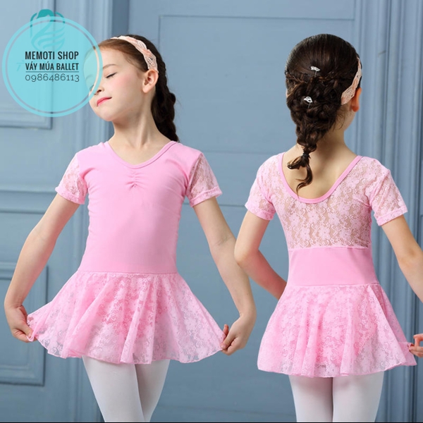 Váy tập múa ren ngắn tay (trắng, hồng)