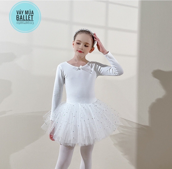 Váy múa đan lưng sao dài trắng