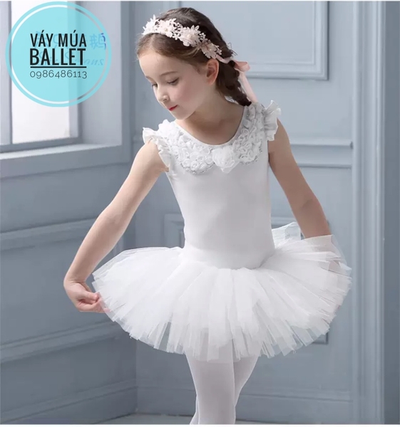 Váy múa cổ hoa hồng (trắng, hồng)