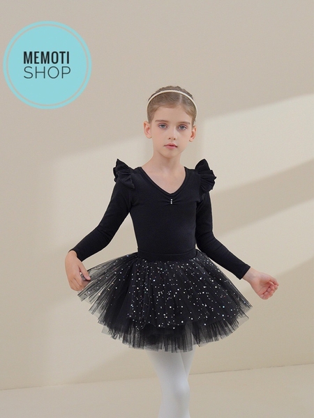 Set áo váy múa tiên đan sao dài tay đen