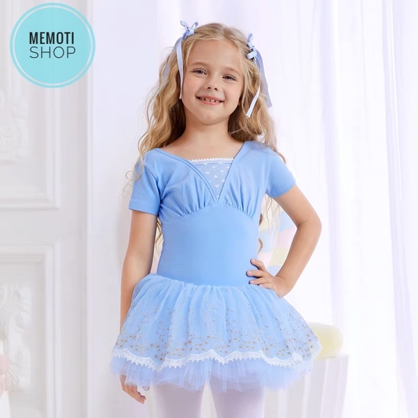 Váy múa đáp ngực phối chân ren tay ngắn (tím, xanh, hồng)