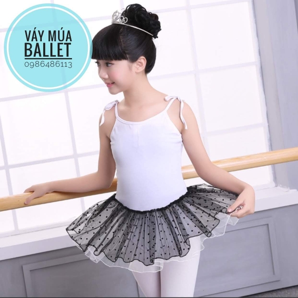 Váy múa 2 dây trắng đen chấm bi