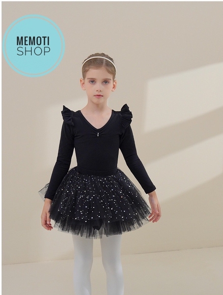 Set áo váy múa tiên đan sao dài tay đen