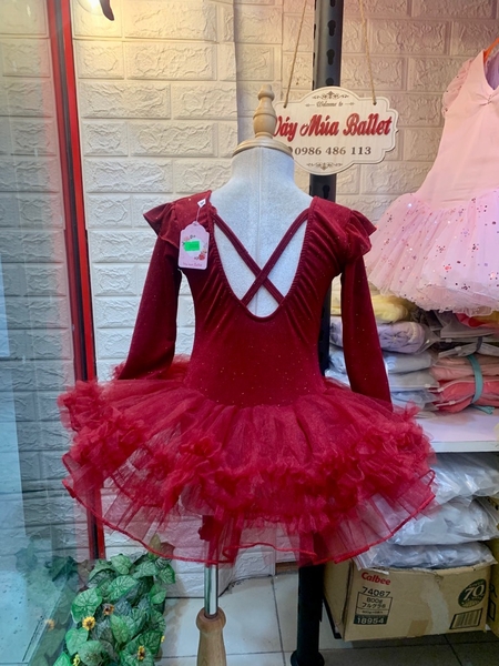 Váy múa thun nhũ tiên tutu đỏ đô dài tay