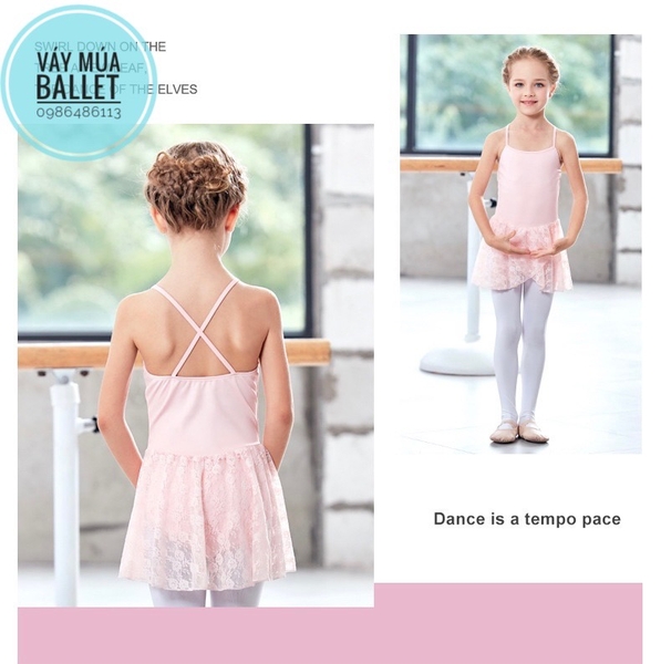 Váy tập múa 2 dây phối ren chéo (hồng, đen)