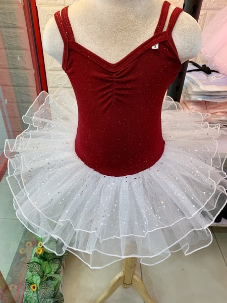 Váy múa dây thun đỏ đô nhũ trắng