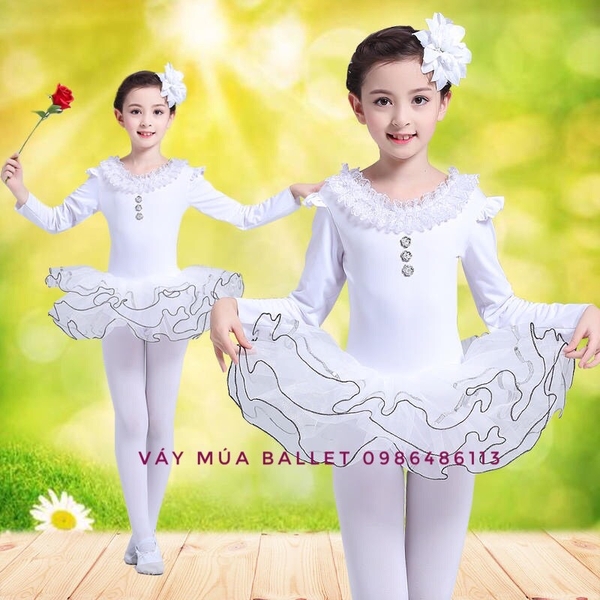 Váy múa ren cổ dài tay kèm hoa và quần tất