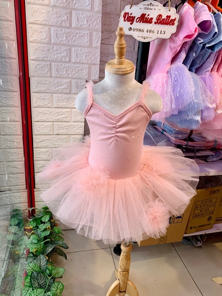 Váy múa cotton đá dây voan hoa bồng