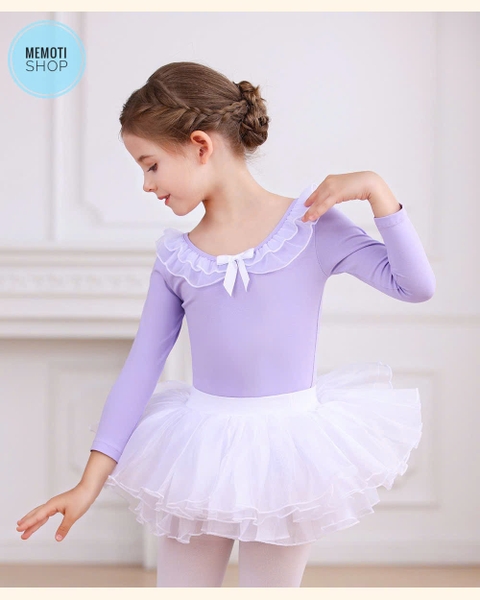 Set áo váy múa bèo cổ dài hồng trắng