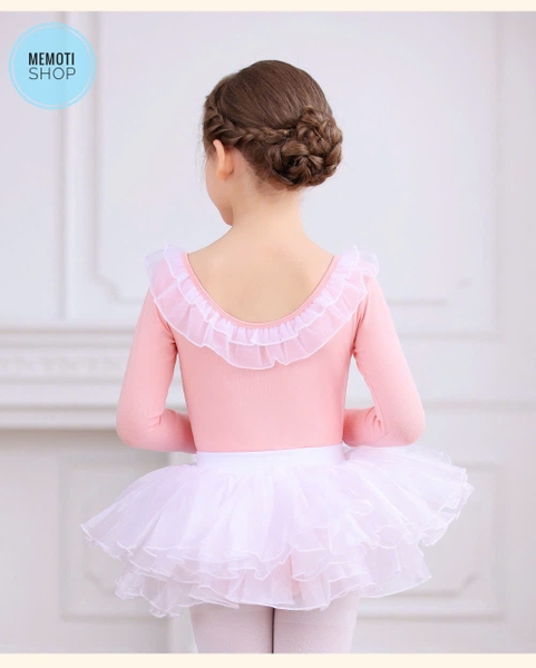 Set áo váy múa bèo cổ dài hồng trắng