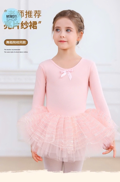 Váy múa chân ren đan lưng dài tay (tím, xanh, hồng)