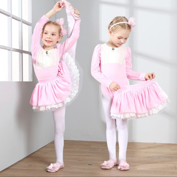 Set áo váy múa nhung cổ điển dài tay (tím, hồng)