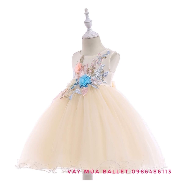 Váy công chúa hoa ngực 3D màu vàng, hồng, xanh
