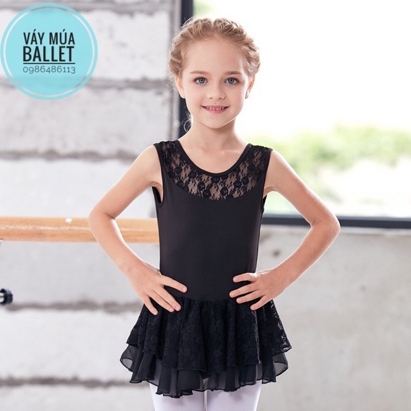 Váy tập múa ba lỗ phối ren 2 tầng (hồng, đen)