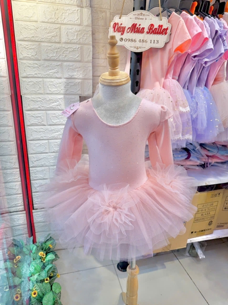 Váy múa tiên dài tay cotton đá hoa bồng