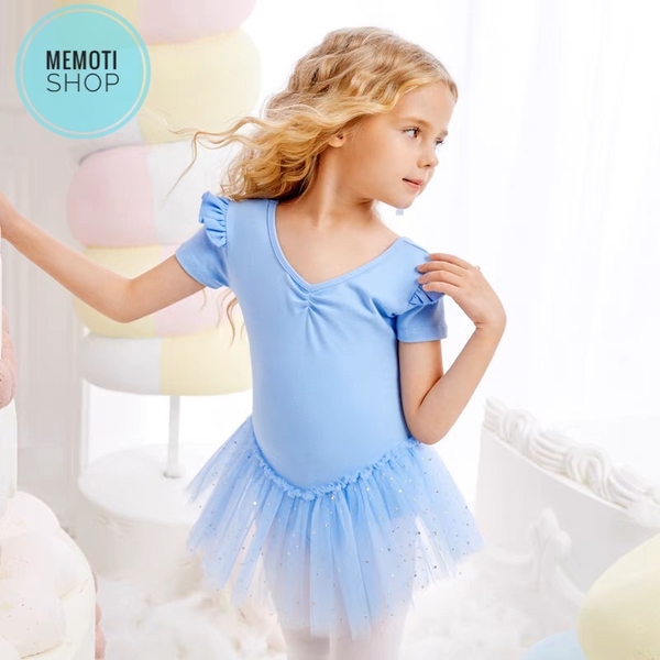 Váy múa bèo vai eo sao tay ngắn (tím, hồng)