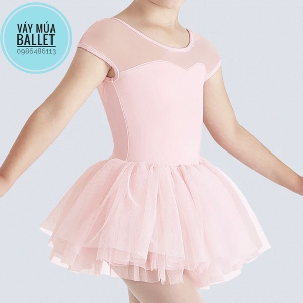 Váy múa phối voan lưng mềm tay ngắn (hồng, đen)