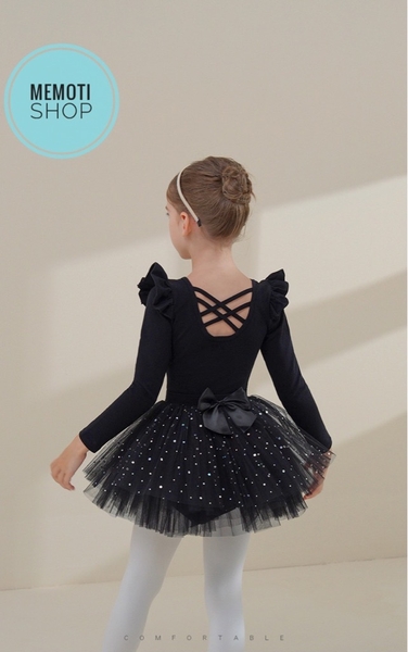 Set áo váy múa tiên đan sao dài tay đen