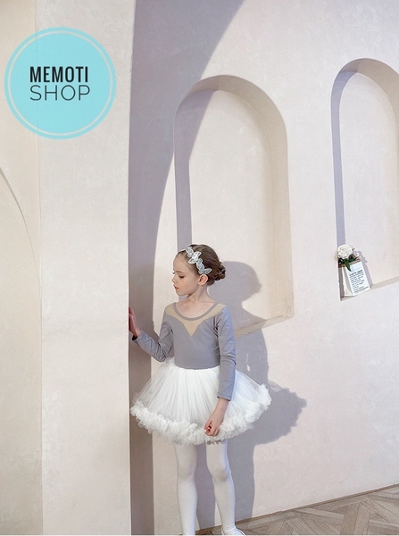 Set áo váy múa V lưng tutu dài tay (đen, ghi)