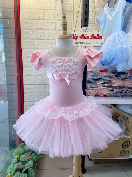 Váy múa phối ren ngực bèo tay búp (hồng, xanh, vàng)