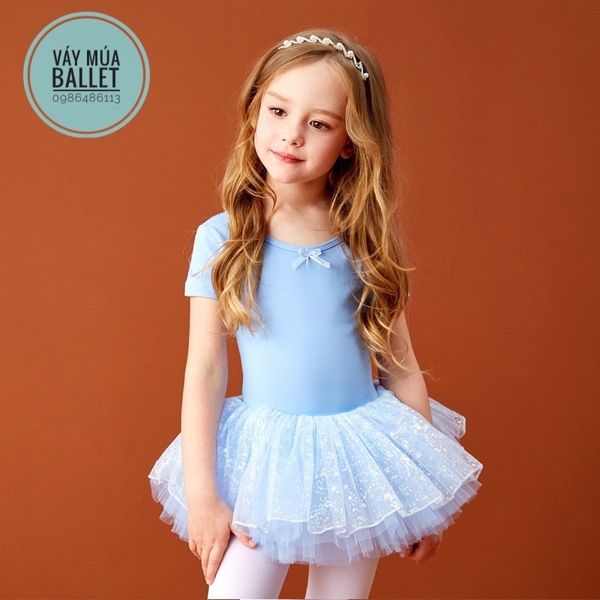 Váy múa đan lưng lấp lánh tay ngắn (tím, xanh, hồng)