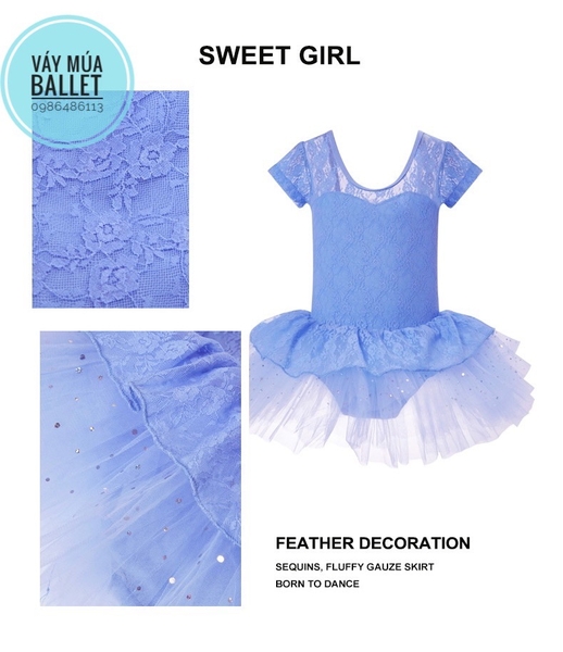 Váy múa phối ren bèo sao tay ngắn (hồng, tím, đen)