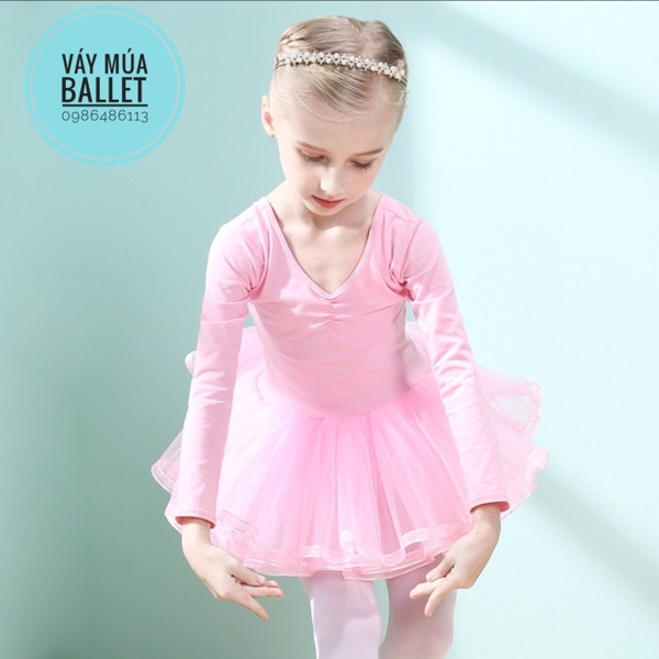 Váy múa nơ lưng viền dài tay (tím, hồng, xanh)