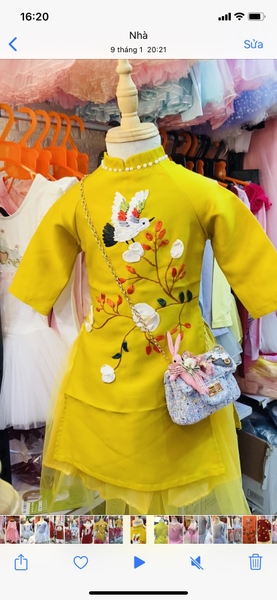 Bộ áo dài gấm thêu hoa- Hạc