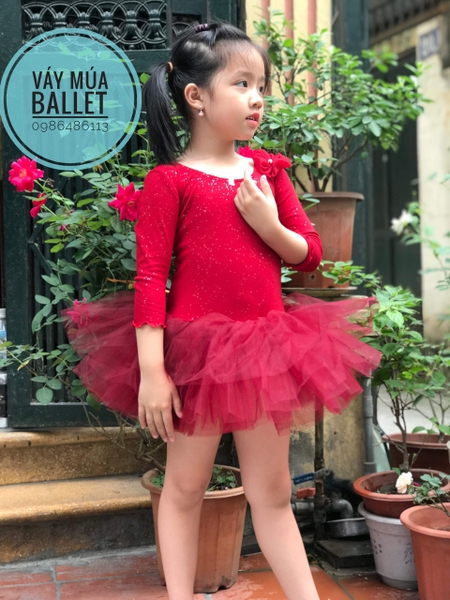 Váy múa cổ tròn tay lỡ đỏ đô