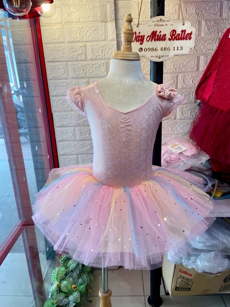 Váy múa tay tiên thun lấp lánh cầu vồng hồng