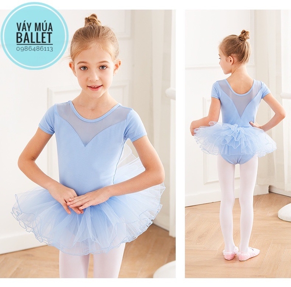 Set áo váy múa V lưng tay ngắn (tím, hồng, xanh)