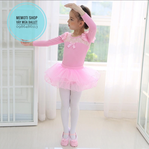 Set váy múa ren nơ dài tay (tím, hồng)