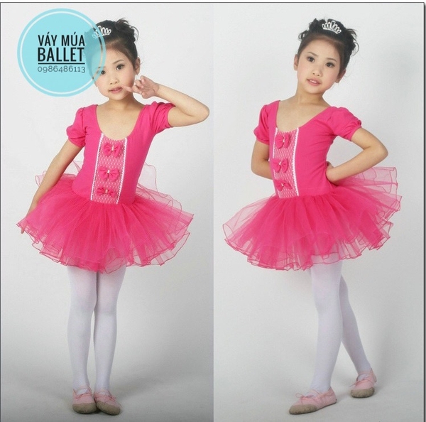 Váy múa ba nơ tay ngắn hồng đậm