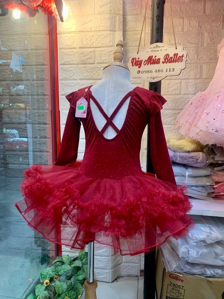 Váy múa thun nhũ tiên tutu đỏ đô dài tay