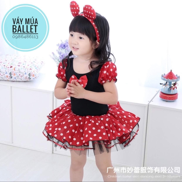Váy múa Micky đỏ chấm bi kèm bờm