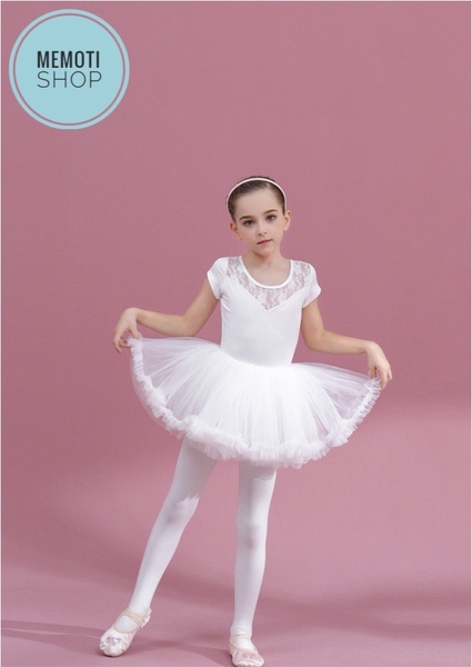 Set áo váy múa phối ren tutu dài tay trắng