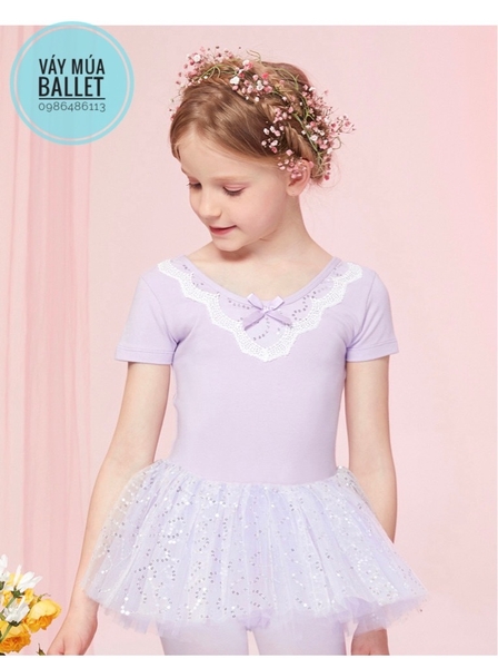 Váy múa phối ren ngực sao tay ngắn (tím, xanh, hồng)