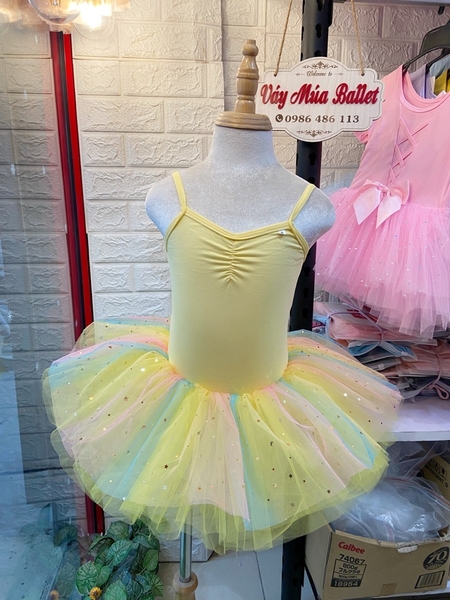Váy múa 2 dây nơ lưng cầu vồng (vàng, hồng)