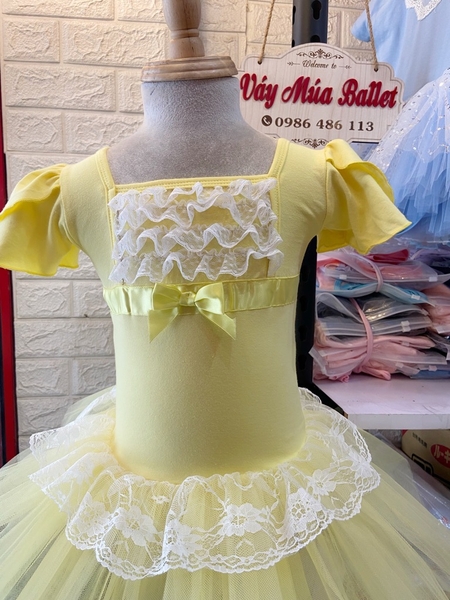 Váy múa phối ren ngực bèo tay búp (hồng, xanh, vàng)