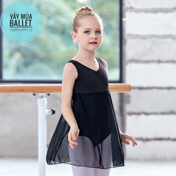 Váy tập múa ba lỗ phối voan dài thân (tím, xanh, hồng, đen)