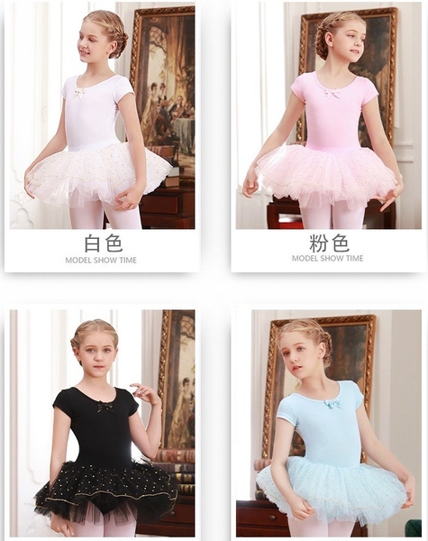 Váy múa ren V lưng bi lấp lánh tay ngắn (hồng, đen, trắng)