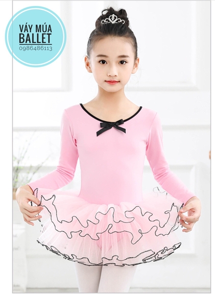 Set Váy múa phối viền đen dài tay màu hồng, đỏ đô