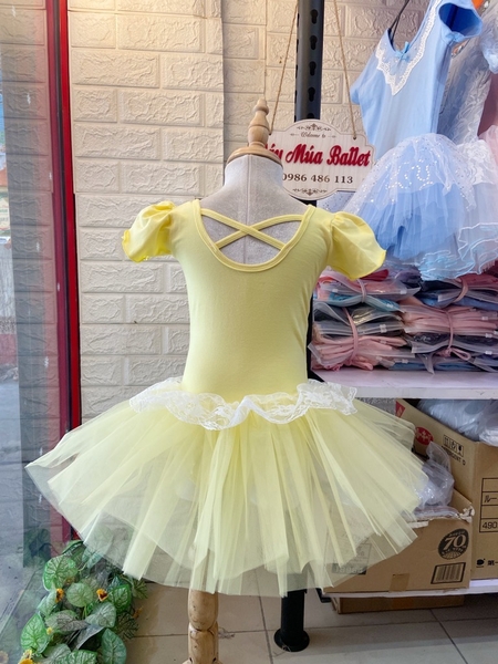 Váy múa phối ren ngực bèo tay búp (hồng, xanh, vàng)